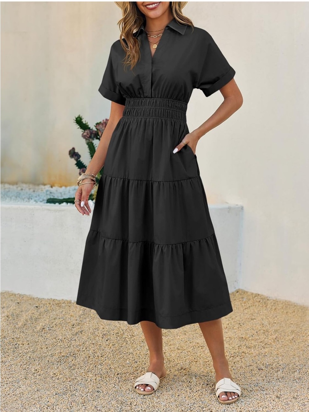 Women's Black Tiered Midi Dress with Smocked Waist